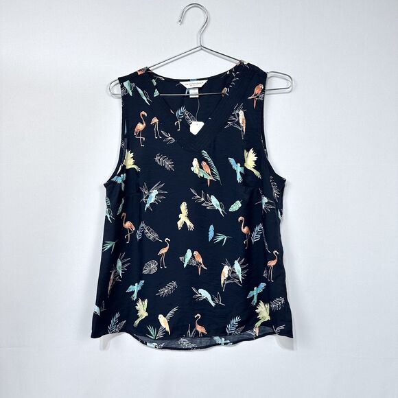 CHRISTOPHER & BANKS Top Size P/L Sleeveless Birds Rayon Nylon Navy Vacation - Picture 1 of 4